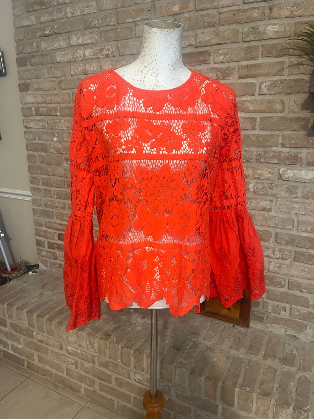 Adiva Vibrant Orange Floral Lace Bell-Sleeve Blouse